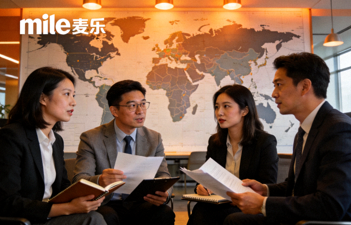 mile米乐全球化运营团队在世界地图前讨论战略