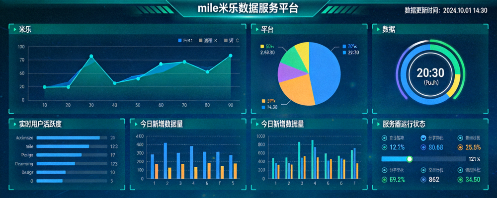 mile米乐数据服务平台展示多种实时数据可视化图表与仪表盘